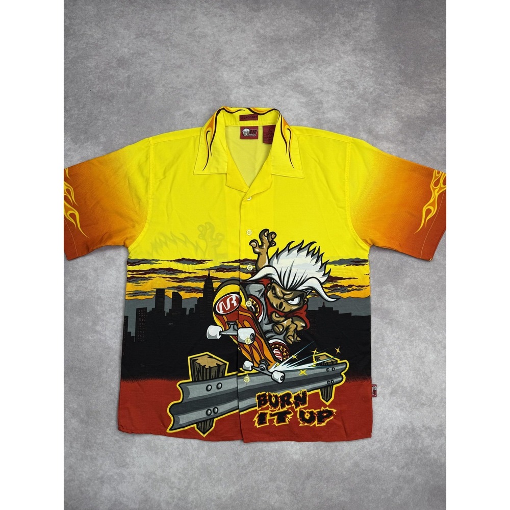 VTG No‎ Rules Shirt Youth 14-16 Large Yellow Skateboard Flames Burn It Up Button